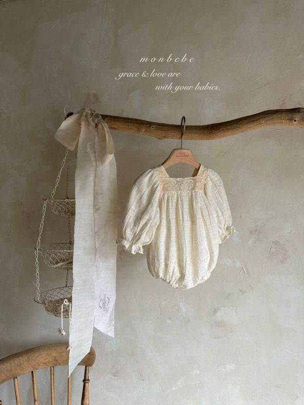 親子系列 方領蕾絲泡泡袖洋裝 包屁衣 