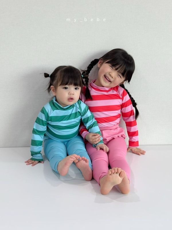 夏日多巴胺條紋長袖防曬泳衣兩件套 