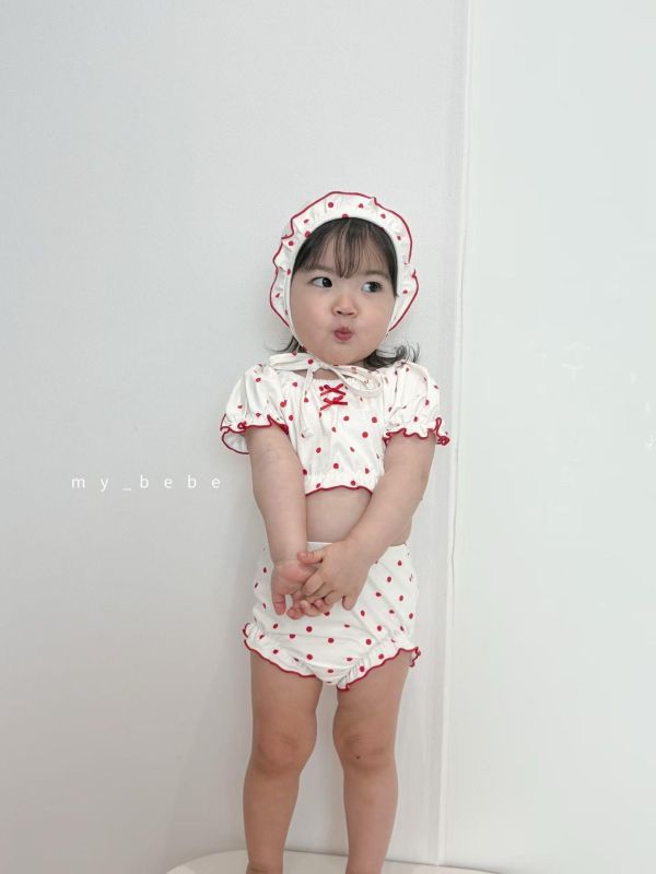 甜美兩截式蓬蓬袖可愛游泳服（附帽） 