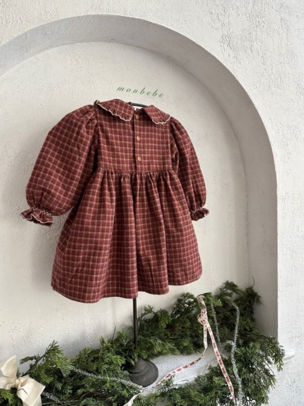 小童款 打褶繡花格紋洋裝 姊妹裝 