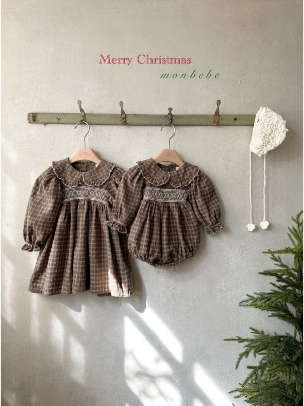 小童款 打褶繡花格紋洋裝 姊妹裝 