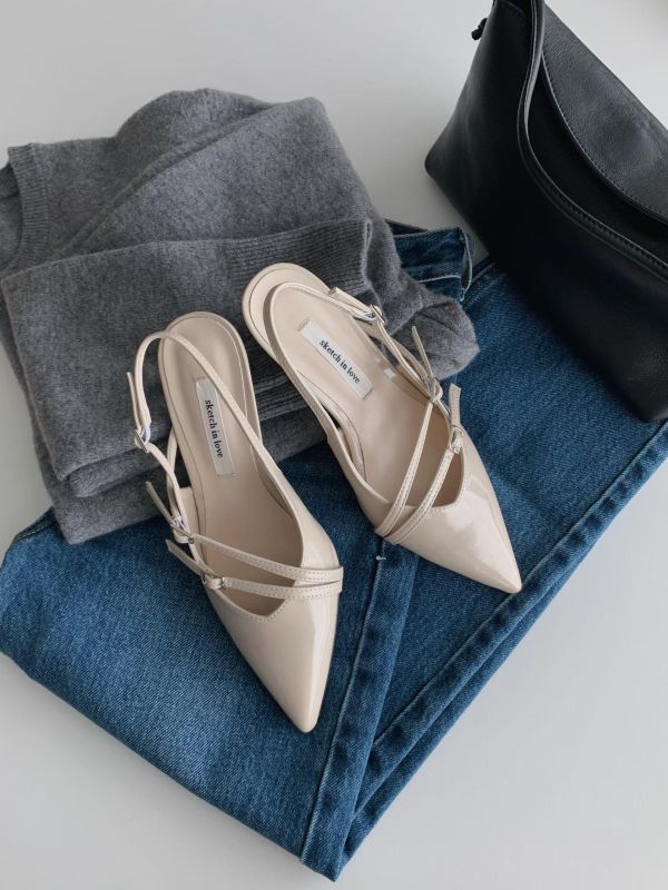 法式尖頭交叉設計感細跟鞋 粗跟鞋 