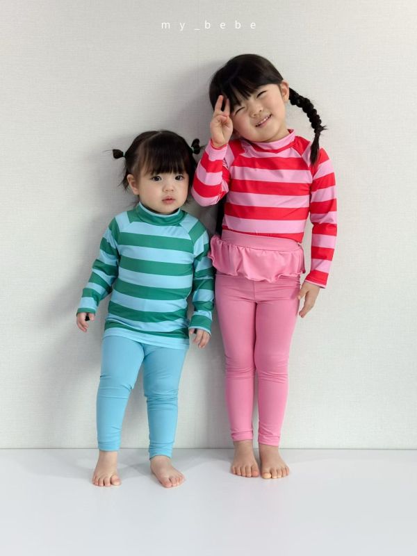 夏日多巴胺條紋長袖防曬泳衣兩件套 