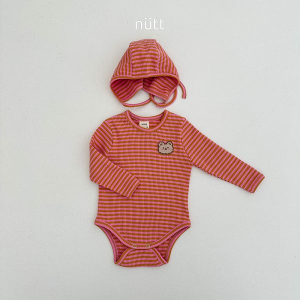 撞色條紋小熊包屁衣套裝 衣＋帽 