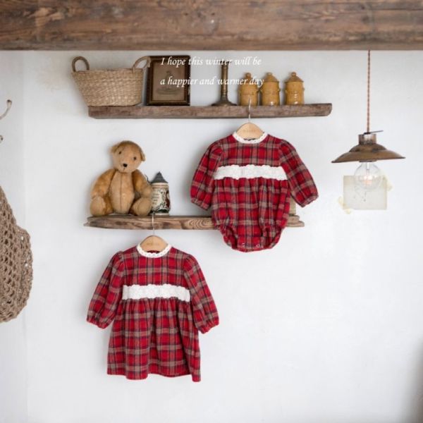 英倫復古紅格紋洋裝 包屁衣 