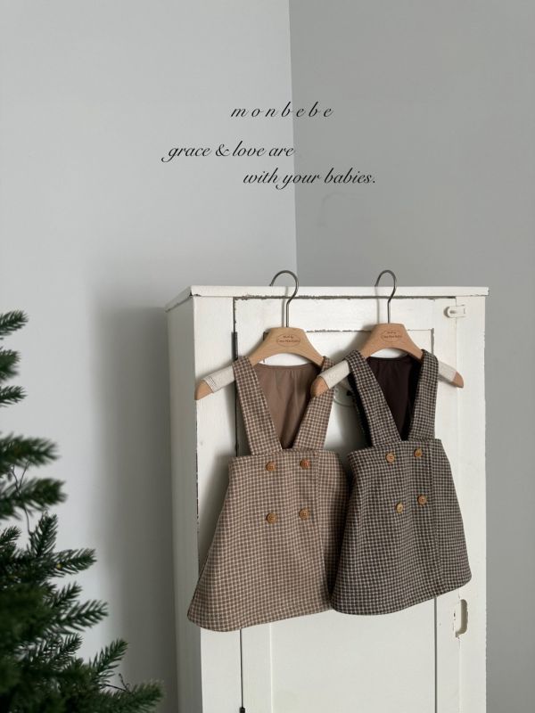 優雅法式Ａ字格紋吊帶裙 Monbebe Korea,monbebe,童裝