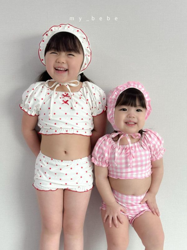 甜美兩截式蓬蓬袖可愛游泳服（附帽） 