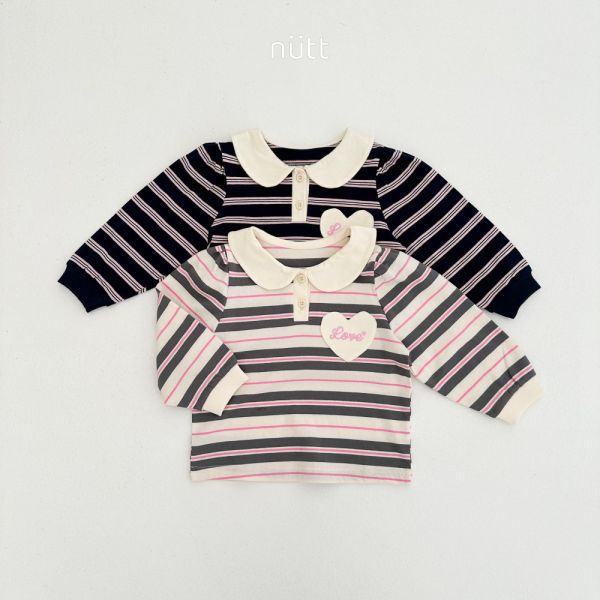 愛心貼布圓領條紋長袖上衣 