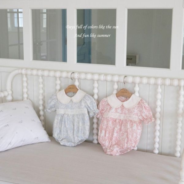 翻領小花蕾絲手工寶寶包屁衣 女寶,韓國童裝,M Kids,品牌童裝,質感童裝