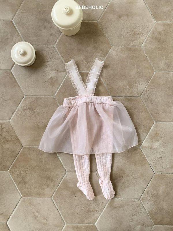 芭蕾美美吊帶紗裙踩腳褲 Bebe holic Korea,韓國童裝,童裝批發,童裝代購,奶茶色系