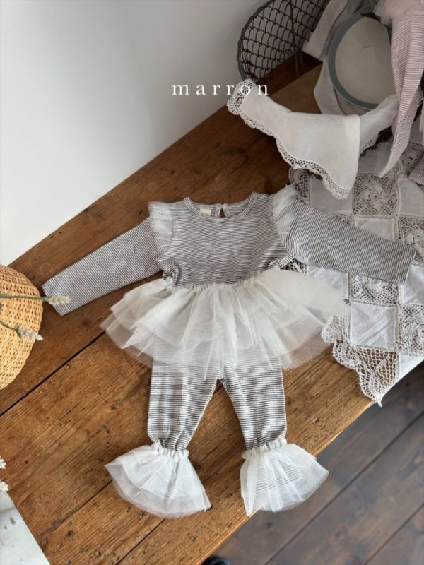 條紋拼接紗紗裙褲套裝 姊妹裝 衣+褲 