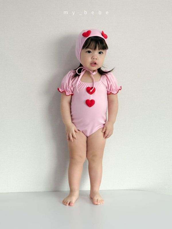 小飛袖立體愛心造型連身游泳服（附帽） 
