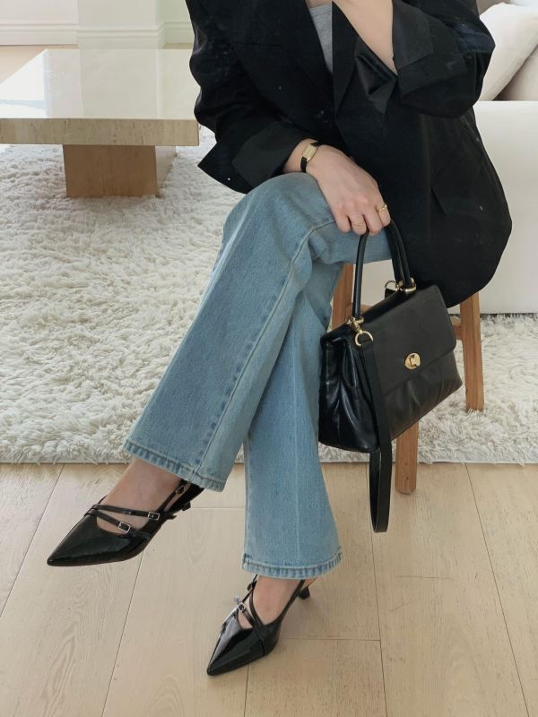 法式尖頭交叉設計感細跟鞋 粗跟鞋 