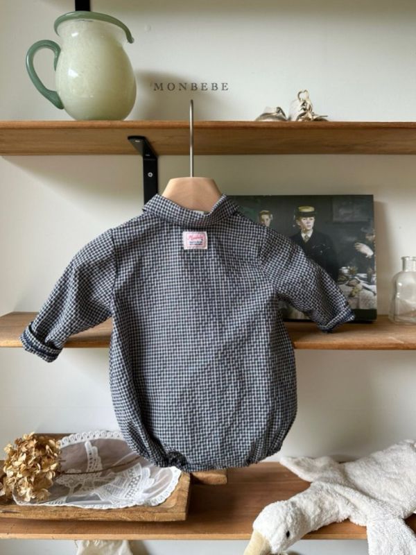 格紋翻領鈕扣長袖上衣 寶寶包屁衣 兄弟裝 