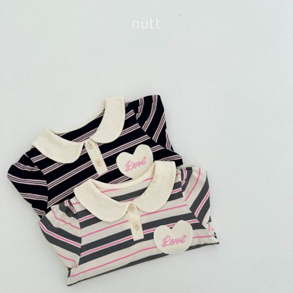 愛心貼布圓領條紋長袖上衣 