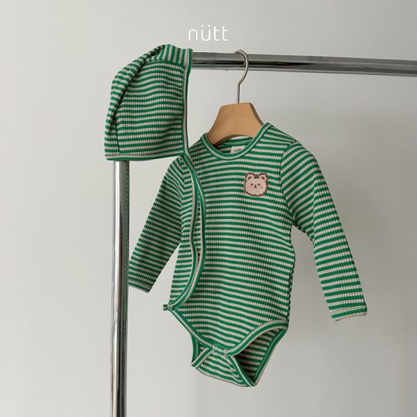 撞色條紋小熊包屁衣套裝 衣＋帽 