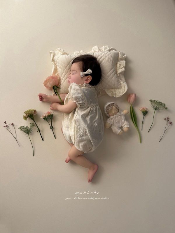 寶寶款 蕾絲刺繡質感公主袖連身洋裝 親子系列 