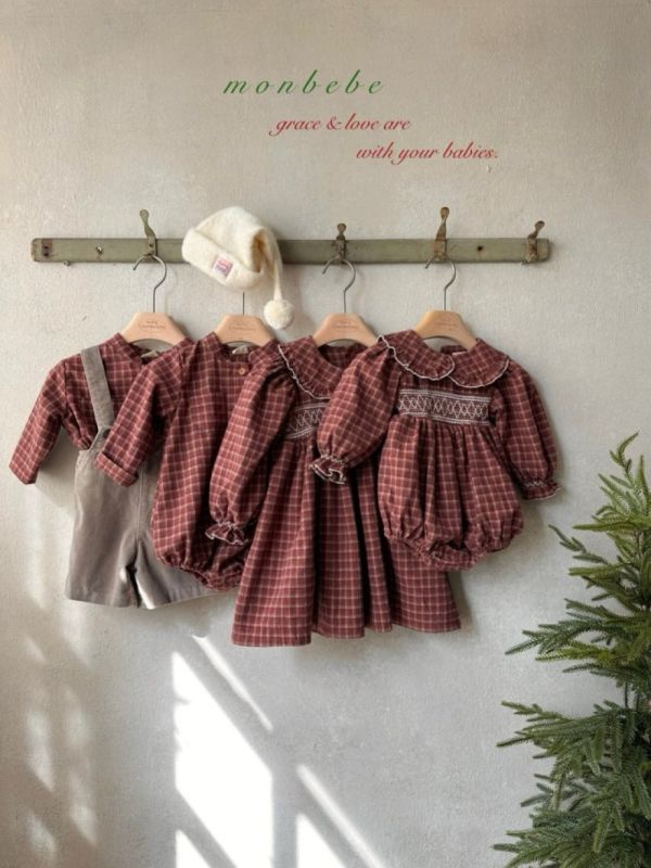 小童款 打褶繡花格紋洋裝 姊妹裝 