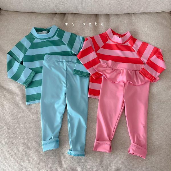 夏日多巴胺條紋長袖防曬泳衣兩件套 