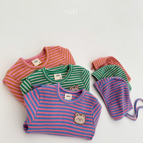 撞色條紋小熊包屁衣套裝 衣＋帽 