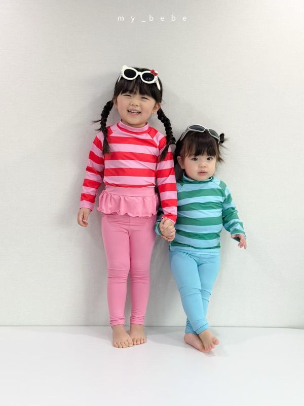 夏日多巴胺條紋長袖防曬泳衣兩件套 