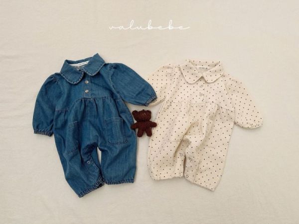 現貨 bebe 圓領點點牛仔小口袋寶寶連身衣 