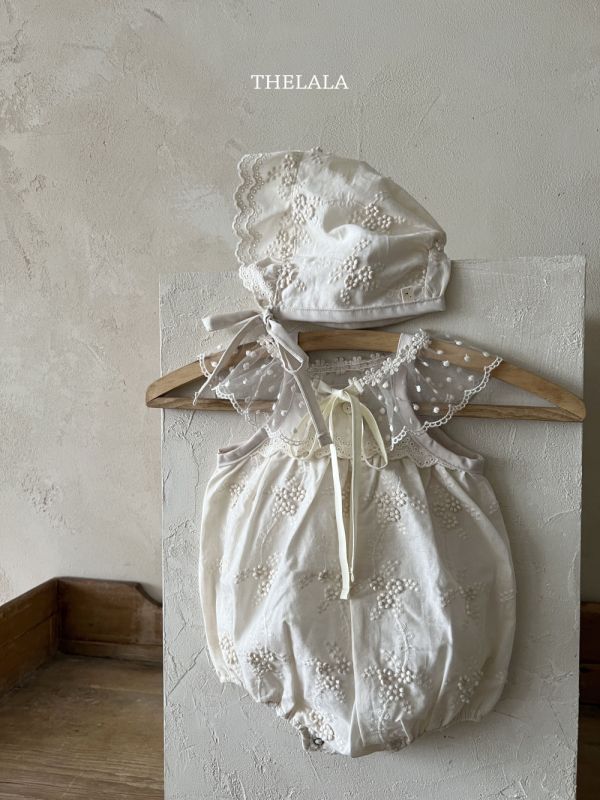 田園風小花刺繡綁帶軟帽 象牙色 