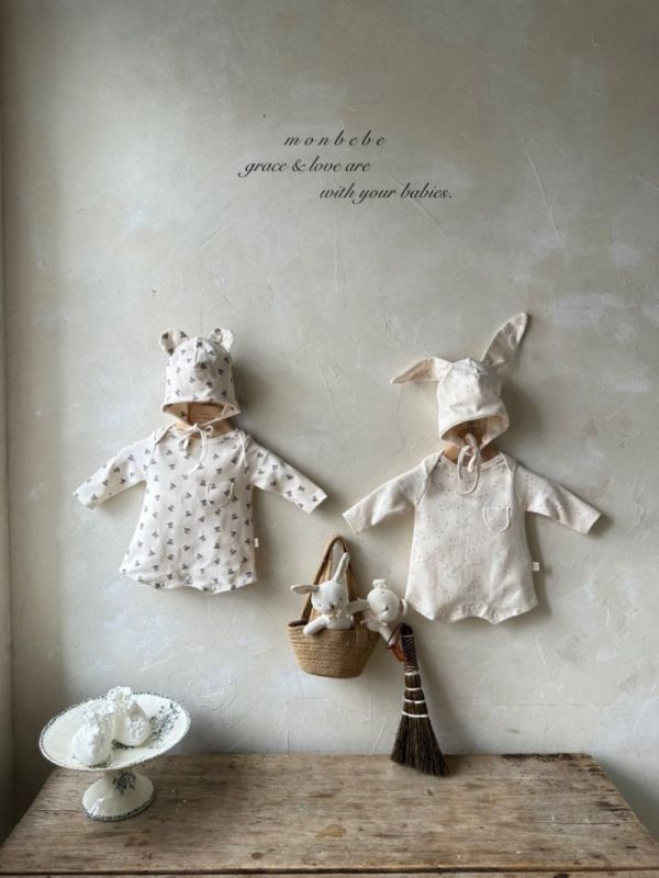 可愛的小兔子與熊寶寶套裝  連身衣＋軟帽 