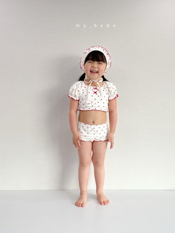 甜美兩截式蓬蓬袖可愛游泳服（附帽） 