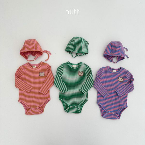 撞色條紋小熊包屁衣套裝 衣＋帽 