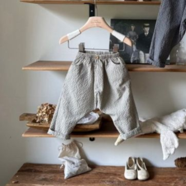 格紋反摺設計休閒長褲 