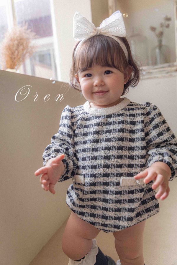 Bebe-毛呢格紋寶寶連身衣 髮飾另售 