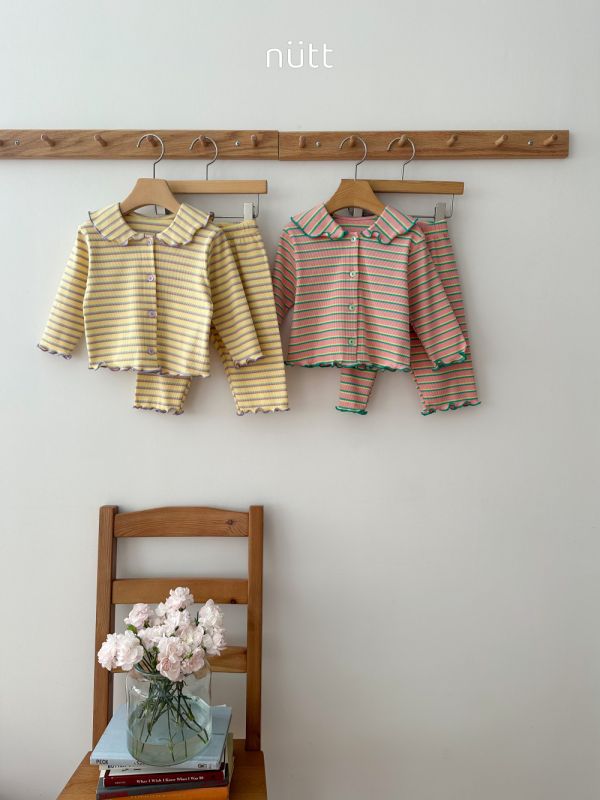 木耳邊條紋家居服 長袖上衣+長褲 