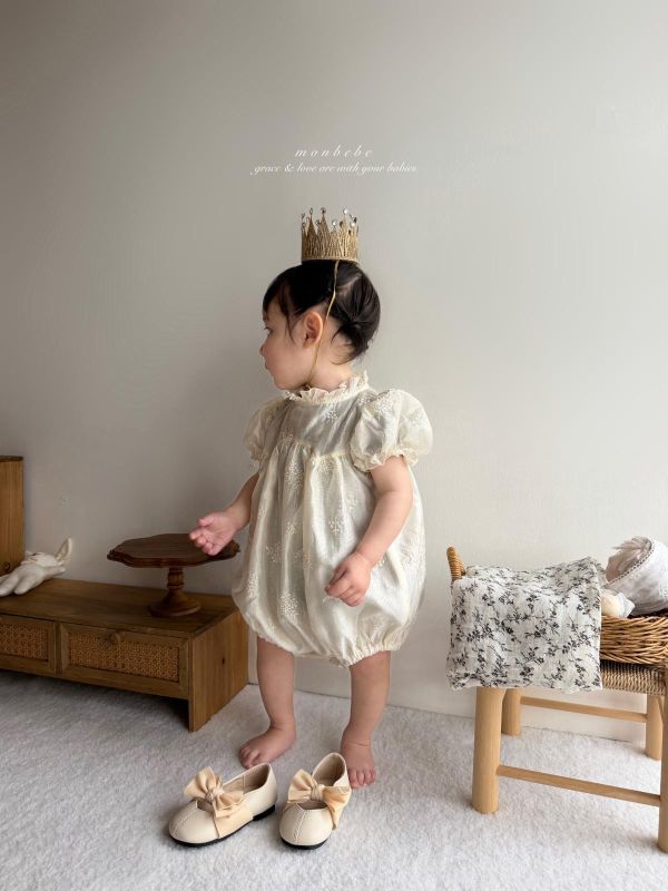 寶寶款 蕾絲刺繡質感公主袖連身洋裝 親子系列 