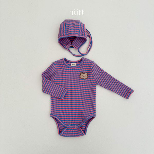 撞色條紋小熊包屁衣套裝 衣＋帽 