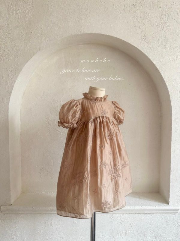 小童款蕾絲刺繡質感公主袖連身洋裝 親子系列 