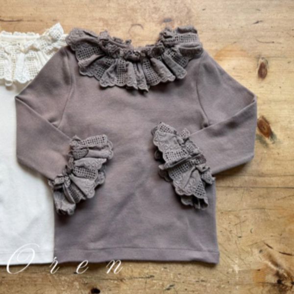 Bebe-純色花邊木耳領長袖上衣 