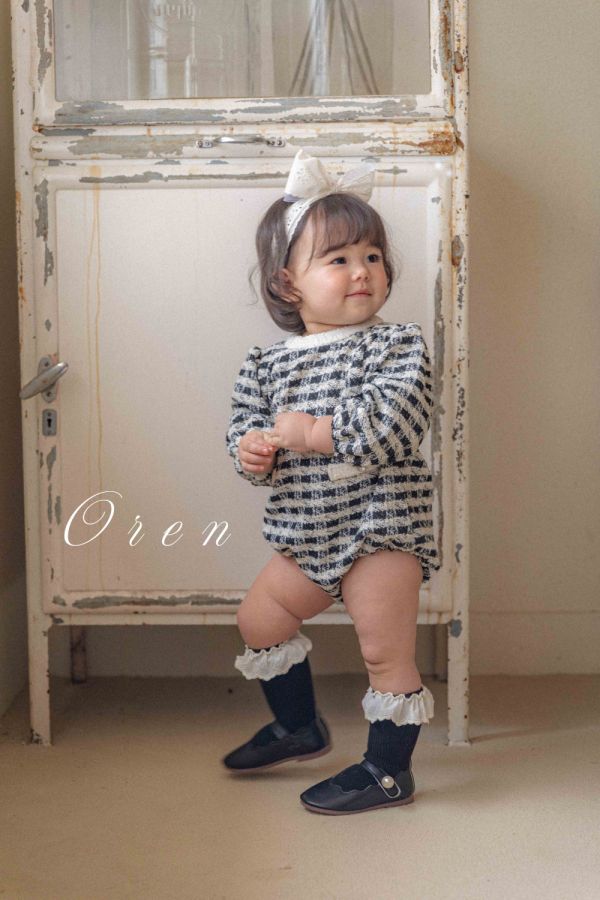 Bebe-毛呢格紋寶寶連身衣 髮飾另售 