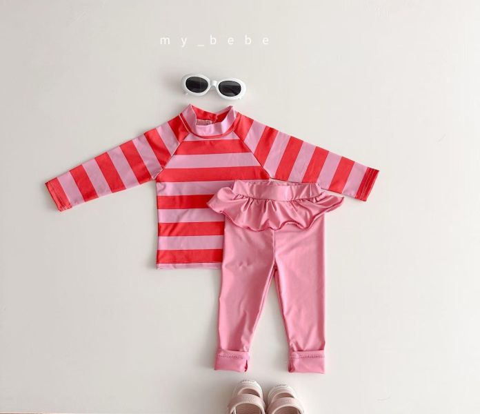 夏日多巴胺條紋長袖防曬泳衣兩件套 