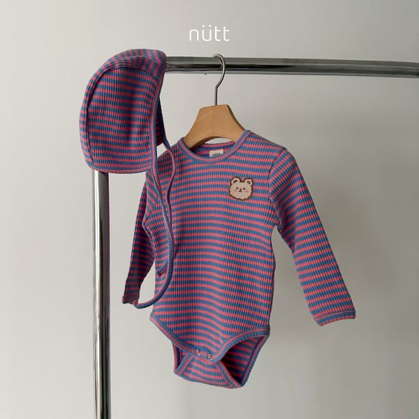 撞色條紋小熊包屁衣套裝 衣＋帽 