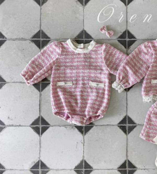 Bebe-毛呢格紋寶寶連身衣 髮飾另售 