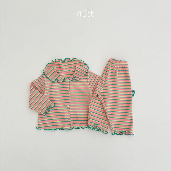 木耳邊條紋家居服 長袖上衣+長褲 