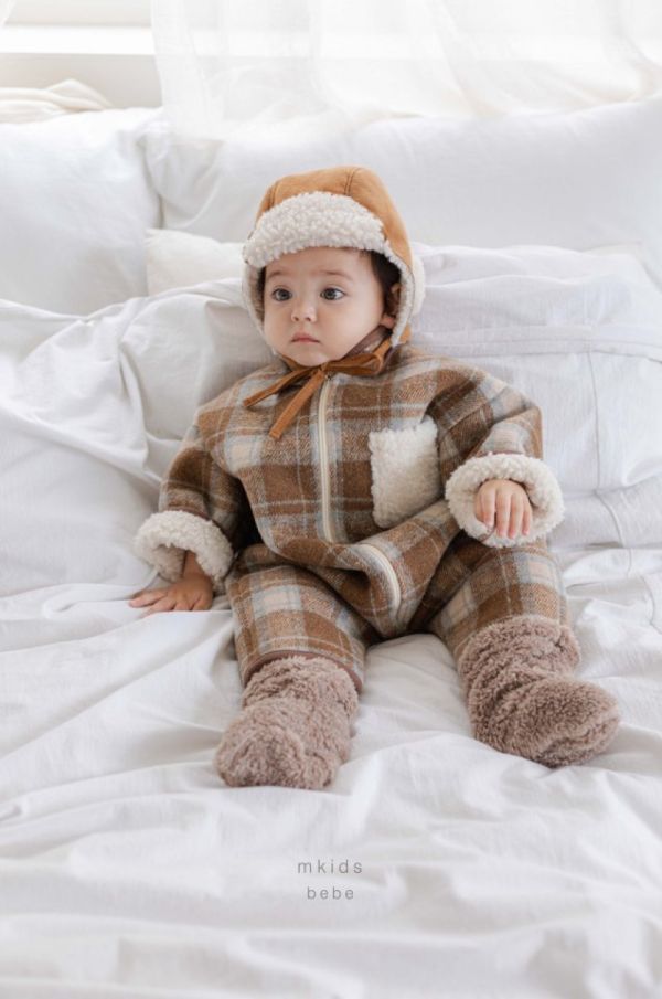 泰迪色復古格紋寶寶連身衣 