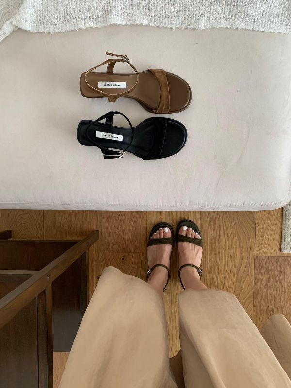 韓國低跟一字帶質感涼拖鞋 