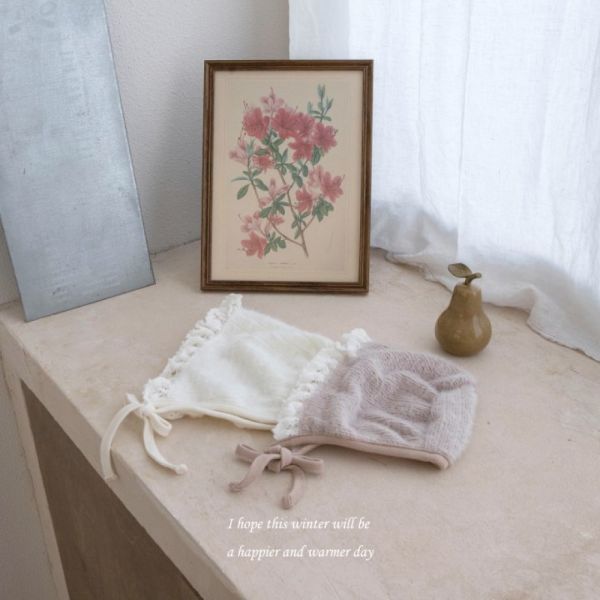 針織小花邊綁帶軟帽 