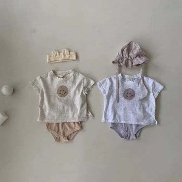 現貨 Bebe Holic 淺灰色夏季笑臉短袖棉質上衣 韓國童裝現貨
