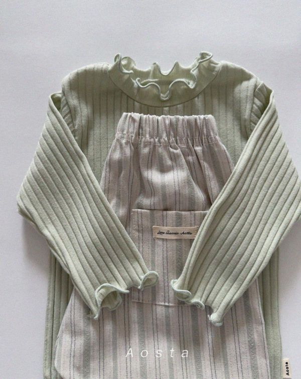 直紋薄荷綠春季鬆緊休閒寬庫 