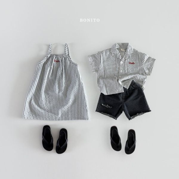 夏日直條紋吊帶連身裙 姊妹裝 
