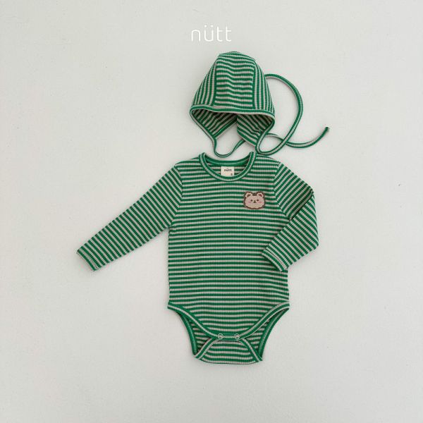 撞色條紋小熊包屁衣套裝 衣＋帽 