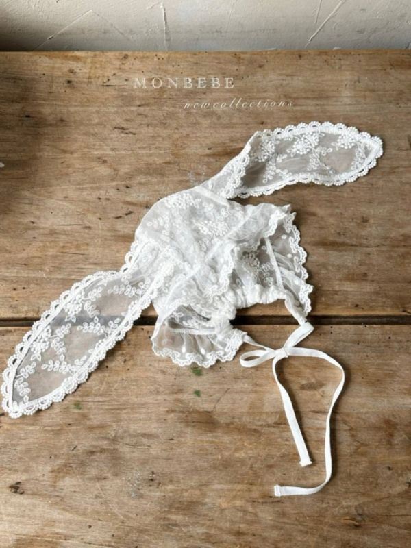 小兔子耳朵造型蕾絲綁帶軟帽 